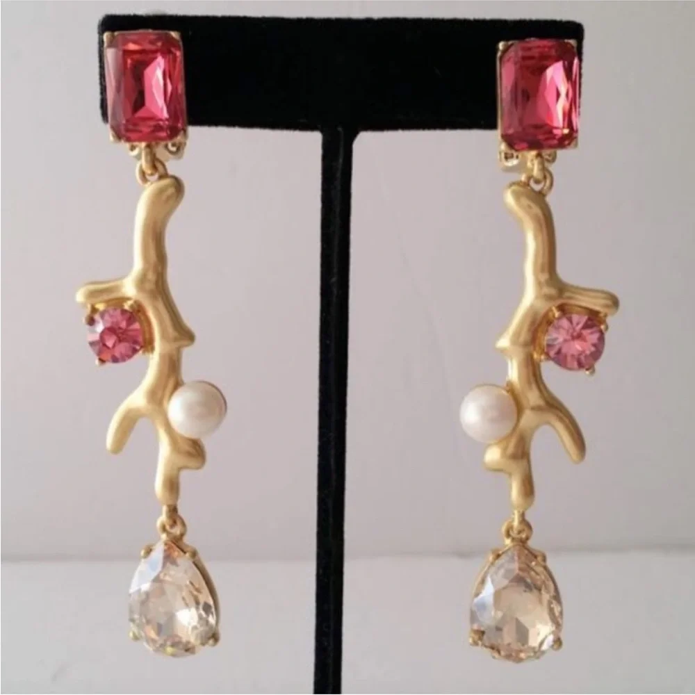 OSCAR de la RENTA Gold Pink Crystal Pearl Flora Branch Drop Earrings Branch